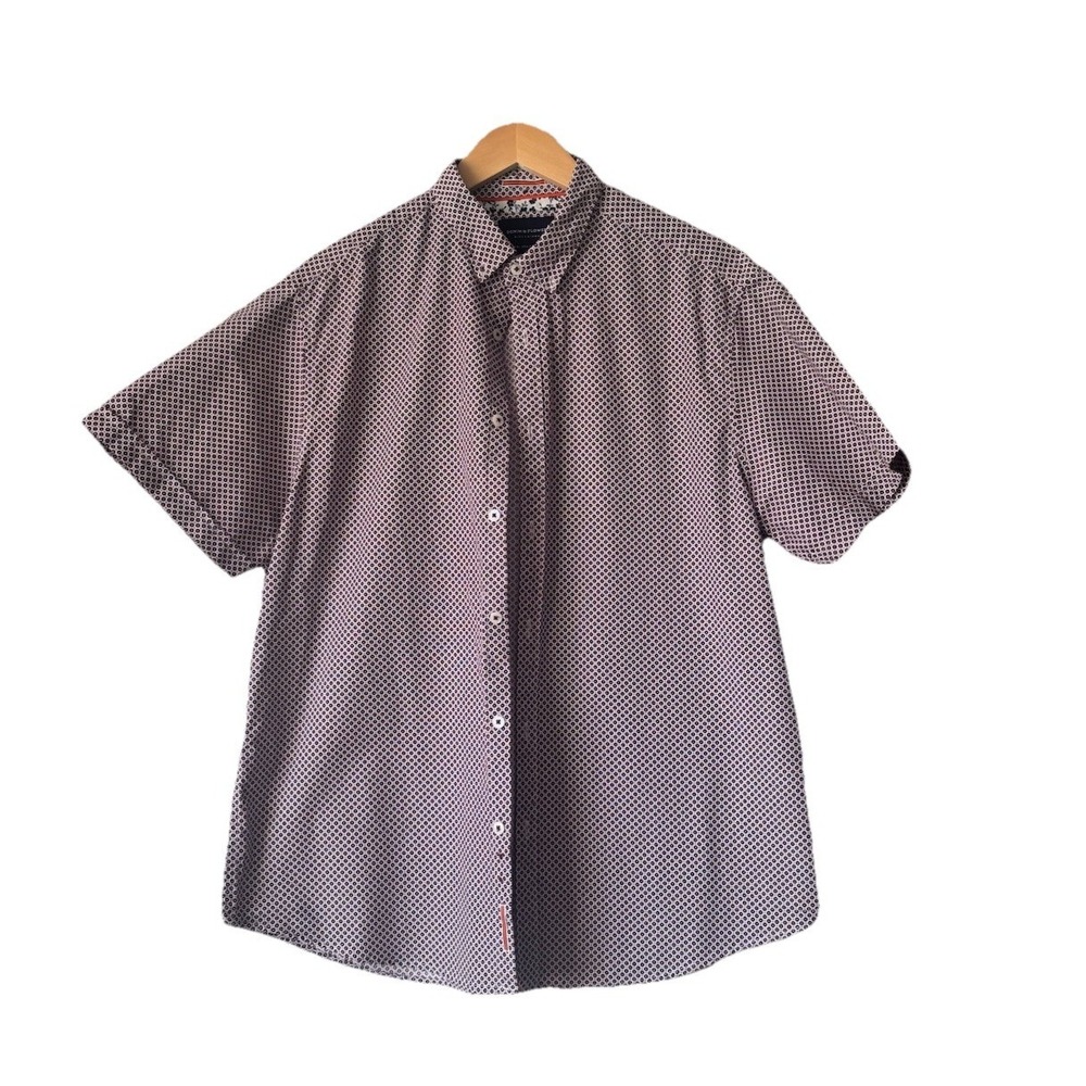 Denim & Flower Men's XL Short Sleeve Button Down Shirt W/maroon White Pattern